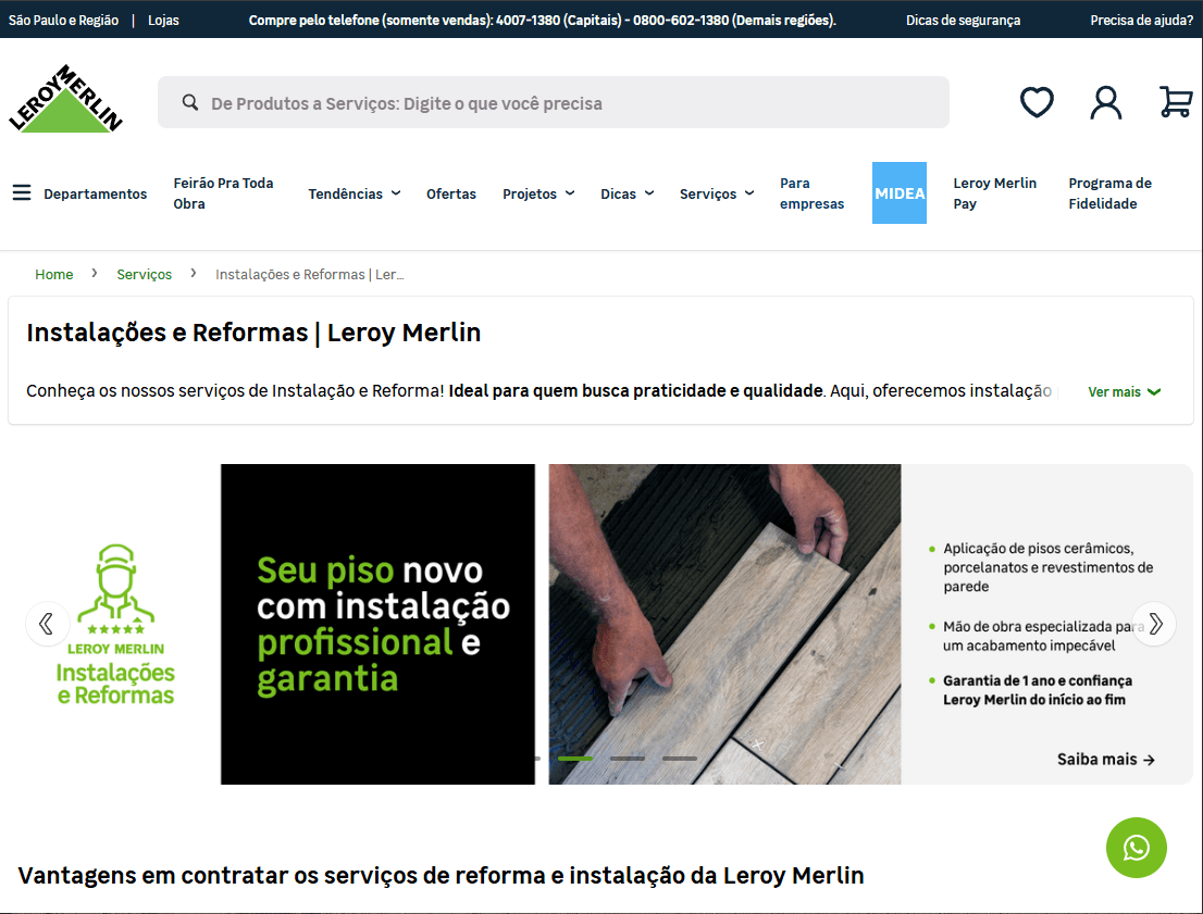 Public-facing service experience that helps explain the Instalações e Reformas offer and builds trust in the journey.