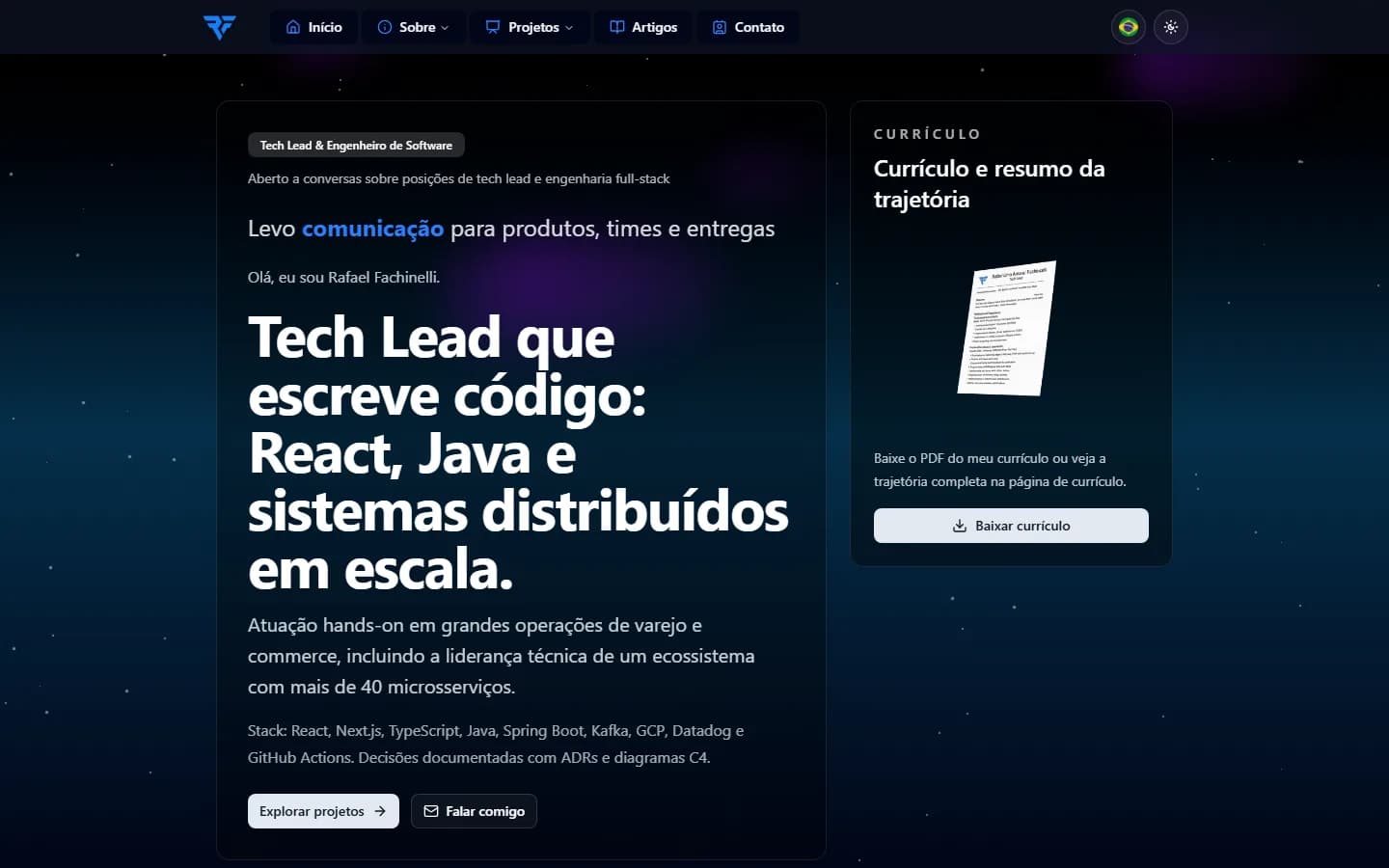 A home antiga: fundo de espaço com estrelas e nuvens, botões e cards genéricos do shadcn.