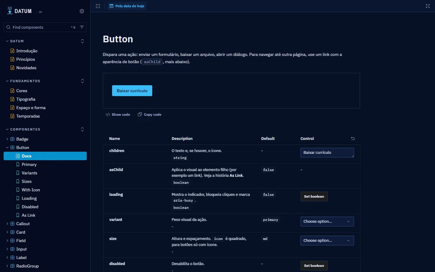 O Storybook do Datum com a página do Button aberta e o menu de fundamentos e componentes.
