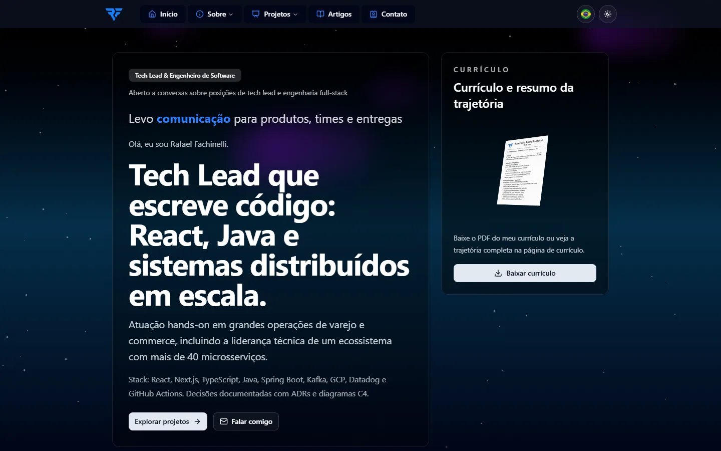 A home antiga: fundo de espaço com estrelas e nuvens, botões e cards genéricos do shadcn